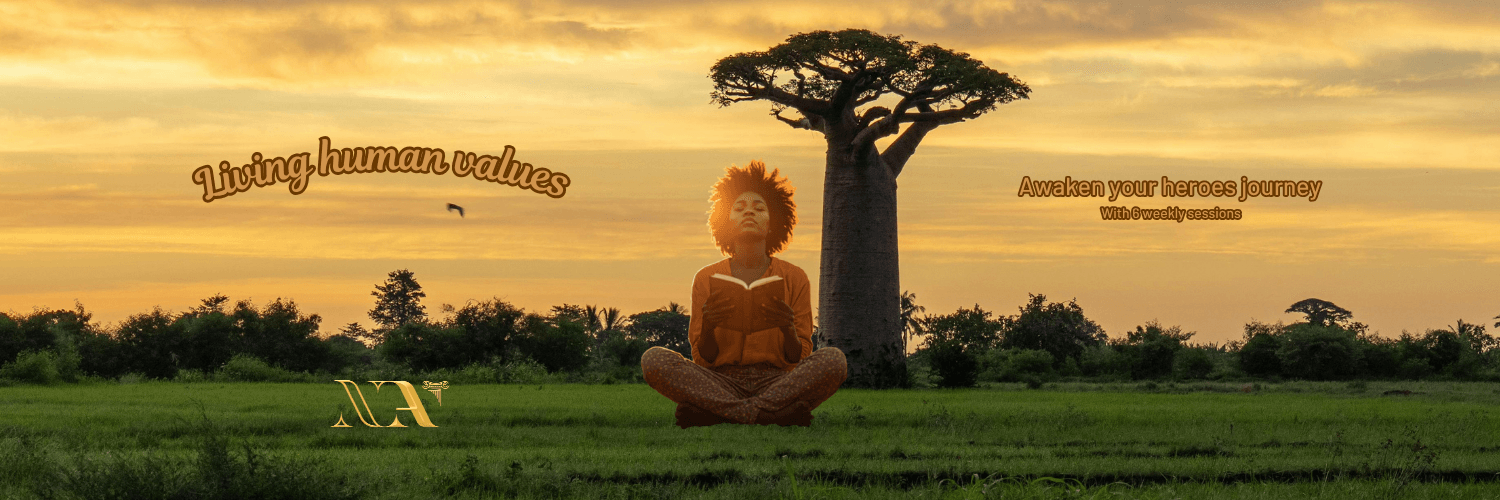Living Human Values course banner: a person reading in meditation under a baobab tree at sunset